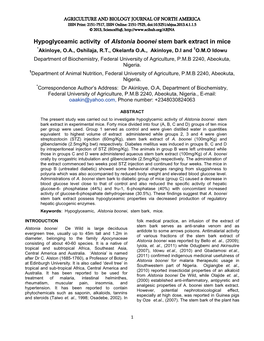 Hypoglyceamic Activity of Alstonia Boonei Stem Bark Extract in Mice