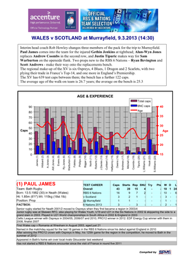 WALES V SCOTLAND at Murrayfield, 9.3.2013 (14:30) (1) PAUL JAMES