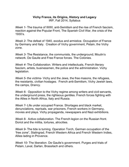 Vichy France, Its Origins, History and Legacy IRP, Fall 2014, Syllabus