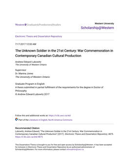 The Unknown Soldier in the 21St Century: War Commemoration in Contemporary Canadian Cultural Production