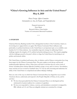 “China's Growing Influence in Asia and the United States” May 8, 2019