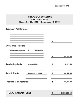 VILLAGE of WHEELING EXPENDITURES November 28, 2019 - December 11, 2019