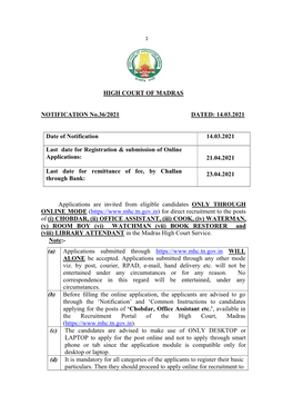 HIGH COURT of MADRAS NOTIFICATION No.36/2021 DATED