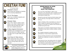 It's in the Spots a Race Against Extinction Cheetah's Charm Cheetah Tales Cool Down & Take Action SEVEN WAYS to JOIN