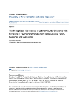 The Pselaphidae (Coleoptera) of Latimer County, Oklahoma, with Revisions of Four Genera from Eastern North America