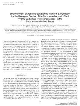 Diptera: Ephydridae) for the Biological Control of the Submersed Aquatic Plant Hydrilla Verticillata (Hydrocharitaceae) in the Southeastern United States