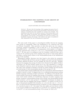 STABILIZATION for MAPPING CLASS GROUPS of 3-MANIFOLDS the Main Result of This Paper Is a Homological Stability Theorem for Mappi