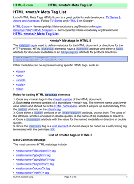 HTML &lt;Meta/&gt; Meta Tag List