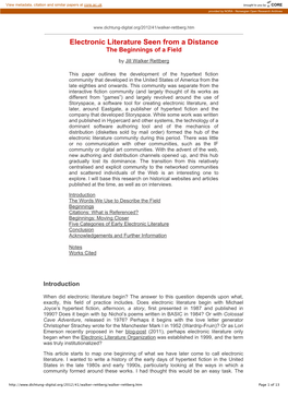 Electronic Literature Seen from a Distance: the Beginnings of a Field Provided by NORA - Norwegian Open1/14/13 Research 13:56 Archives