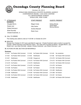 Onondaga County Planning Board October 29, 2014 SYRACUSE-ONONDAGA COUNTY PLANNING AGENCY CONFERENCE ROOM, 1100 CIVIC CENTER 421 MONTGOMERY STREET SYRACUSE, NEW YORK