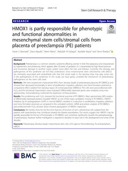 HMOX1 Is Partly Responsible for Phenotypic and Functional Abnormalities in Mesenchymal Stem Cells/Stromal Cells from Placenta of Preeclampsia (PE) Patients Yasser S