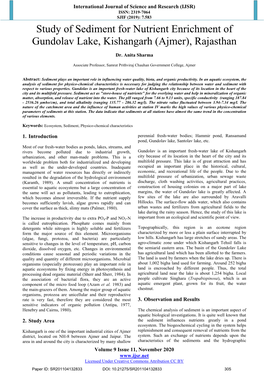 Study of Sediment for Nutrient Enrichment of Gundolav Lake, Kishangarh (Ajmer), Rajasthan