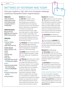 BATTERIES of YESTERDAY and TODAY + Give Your Students a “Jolt” with a Fun Innovation Challenge ­– Inspired by Alessandro Volta’S Original Battery!