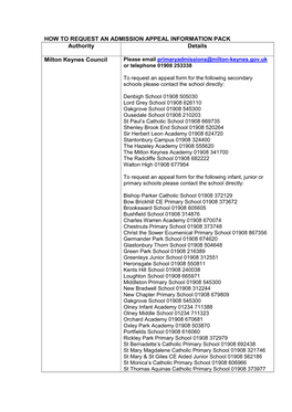 HOW to REQUEST an ADMISSION APPEAL INFORMATION PACK Authority Details