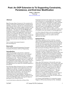 Poet: an OOP Extension to Tcl Supporting Constraints, Persistence, and End-User Modification Philip J