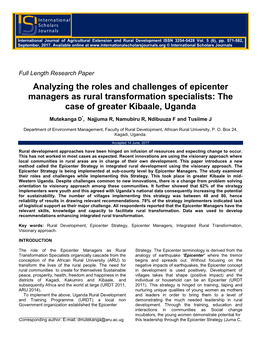 Analyzing the Roles and Challenges of Epicenter Managers As Rural Transformation Specialists: the Case of Greater Kibaale, Uganda