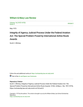 Integrity of Agency Judicial Process Under the Federal Aviation Act: the Special Problem Posed by International Airline Route Awards