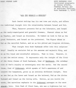 RABBI NORMAN LAMM ROSH HASHANAH 1969 (Delivered Originally at Center 1/11/64, Shabbat Va'era; and at Auxiliary Services, Rosh Hashanah I, 9/69)