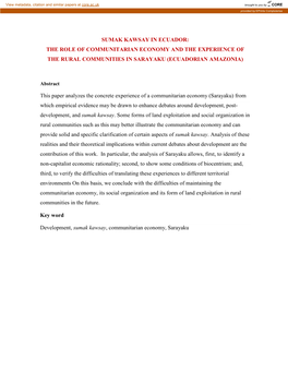 Sumak Kawsay in Ecuador: the Role of Communitarian Economy and the Experience of the Rural Communities in Sarayaku (Ecuadorian Amazonia)