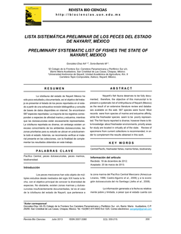 Lista Sistemática Preliminar De Los Peces Del Estado De Nayarit, México