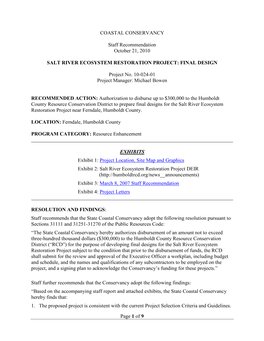 Of 9 COASTAL CONSERVANCY Staff Recommendation October 21, 2010 SALT RIVER