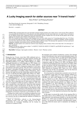 A Lucky Imaging Search for Stellar Sources Near 74 Transit Hosts? Maria Wollert¨ 1 and Wolfgang Brandner1