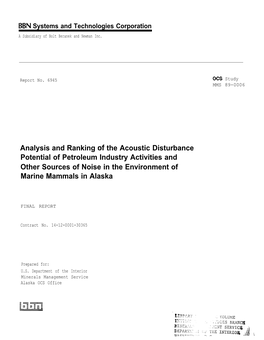 Analysis and Ranking of the Acoustic Disturbance Potential of Petroleum Industry Activities and Other Sources of Noise in the Environment of Marine Mammals in Alaska
