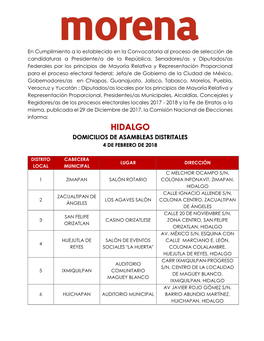 Hidalgo Domicilios De Asambleas Distritales 4 De Febrero De 2018