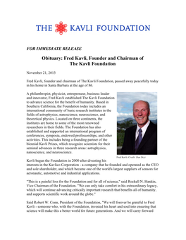 Obituary: Fred Kavli, Founder and Chairman of the Kavli Foundation