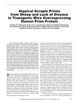 Atypical Scrapie Prions from Sheep and Lack of Disease in Transgenic Mice Overexpressing Human Prion Protein Jonathan D.F