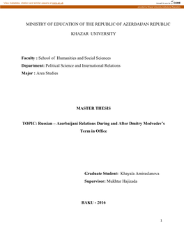 MINISTRY of EDUCATION of the REPUBLIC of AZERBAIJAN REPUBLIC KHAZAR UNIVERSITY Faculty : School of Humanities and Social Scien