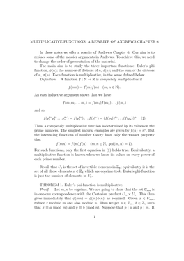 Multiplicative Functions: a Rewrite of Andrews Chapter 6