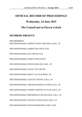 OFFICIAL RECORD of PROCEEDINGS Wednesday, 24