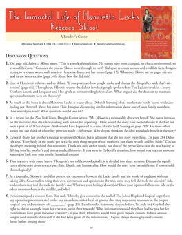 The Immortal Life of Henrietta Lacks Rebecca Skloot a Reader’S Guide