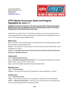 CPTV Sports Announces Game and Program Highlights for June 1-7