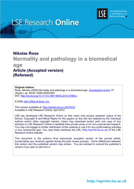 Normality and Pathology in a Biomedical Age Article (Accepted Version) (Refereed)