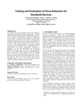 Testing and Evaluation of Virus Detectors for Handheld Devices Jose Andre Morales, Peter J