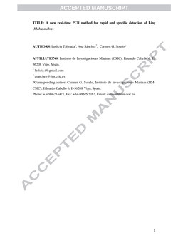 A New Real-Time PCR Method for Rapid and Specific Detection of Ling (Molva Molva )