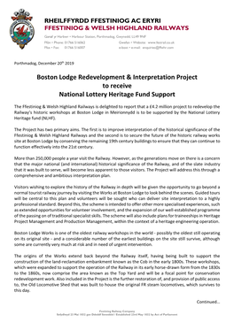 Boston Lodge Redevelopment & Interpretation Project to Receive