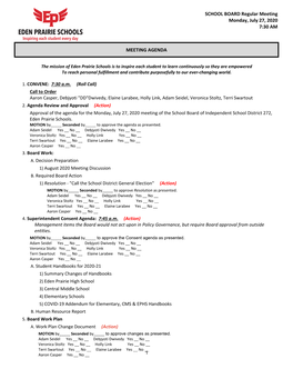 SCHOOL BOARD Regular Meeting Monday, July 27, 2020 7:30 AM