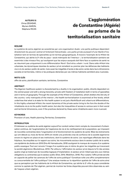 L'agglomération De Constantine (Algérie) Au Prisme De La Territorialisation Sanitaire