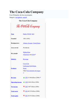 The Coca-Cola Company from Wikipedia, the Free Encyclopedia Jump To: Navigation, Search
