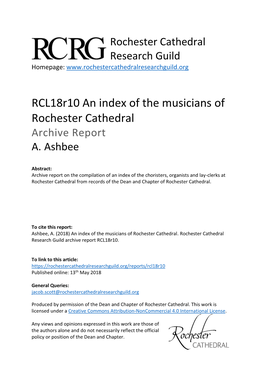 Rcl18r10 an Index of the Musicians of Rochester Cathedral Archive Report A