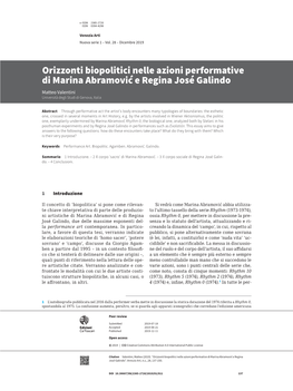 Orizzonti Biopolitici Nelle Azioni Performative Di Marina Abramović E Regina José Galindo Matteo Valentini Università Degli Studi Di Genova, Italia