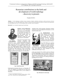 Romanian Contributions to the Birth and Development of World Radiology - Discovery to Present