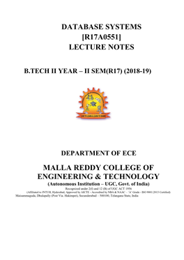 Database Systems [R17a0551] Lecture Notes Malla Reddy