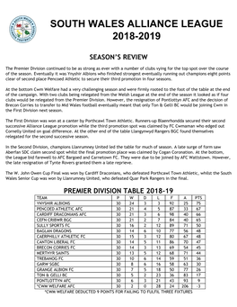 South Wales Alliance League 2018-2019