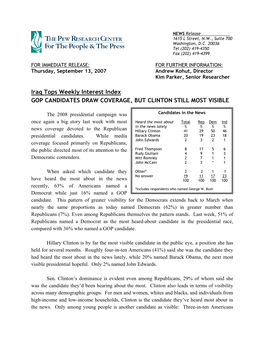 Iraq Tops Weekly Interest Index GOP CANDIDATES DRAW COVERAGE, but CLINTON STILL MOST VISIBLE