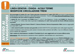 20 E 21 Luglio 2019 Linea Genova - Ovada - Acqui Terme Modifiche Circolazione Treni