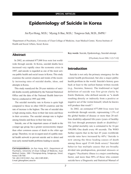 Epidemiology of Suicide in Korea